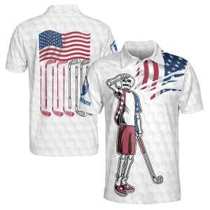 Customize Name Funny Skeleton Looking For Golf Ball American Flag Golf Men's Polo Shirt